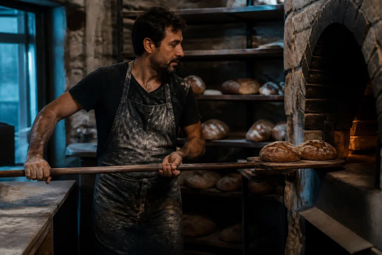 אופה מוציא כיכרות לחם טריות מתנור אבן בשעת בוקר מוקדמת.