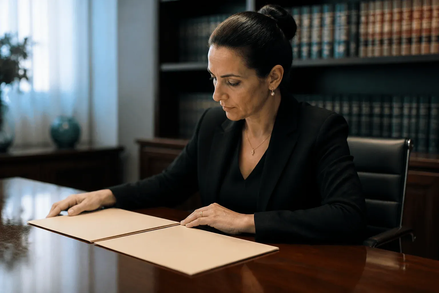 עורכת דין במשרדה בוחנת שני תיקים ריקים שמונחים זה לצד זה על שולחן הישיבות