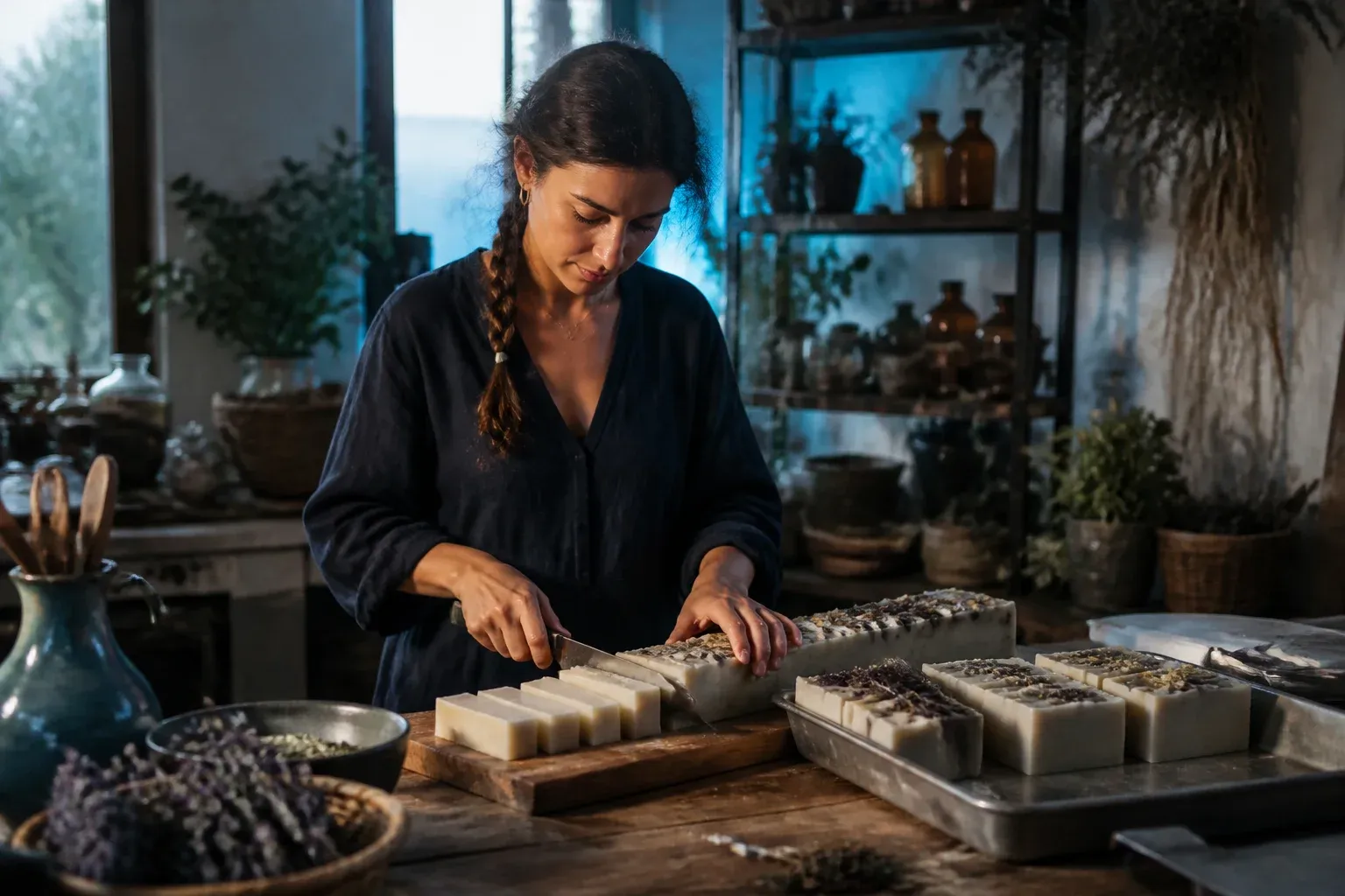 יצרנית סבונים חותכת גוש סבון גדול לפרוסות על שולחן עבודה במטבחון קטן.