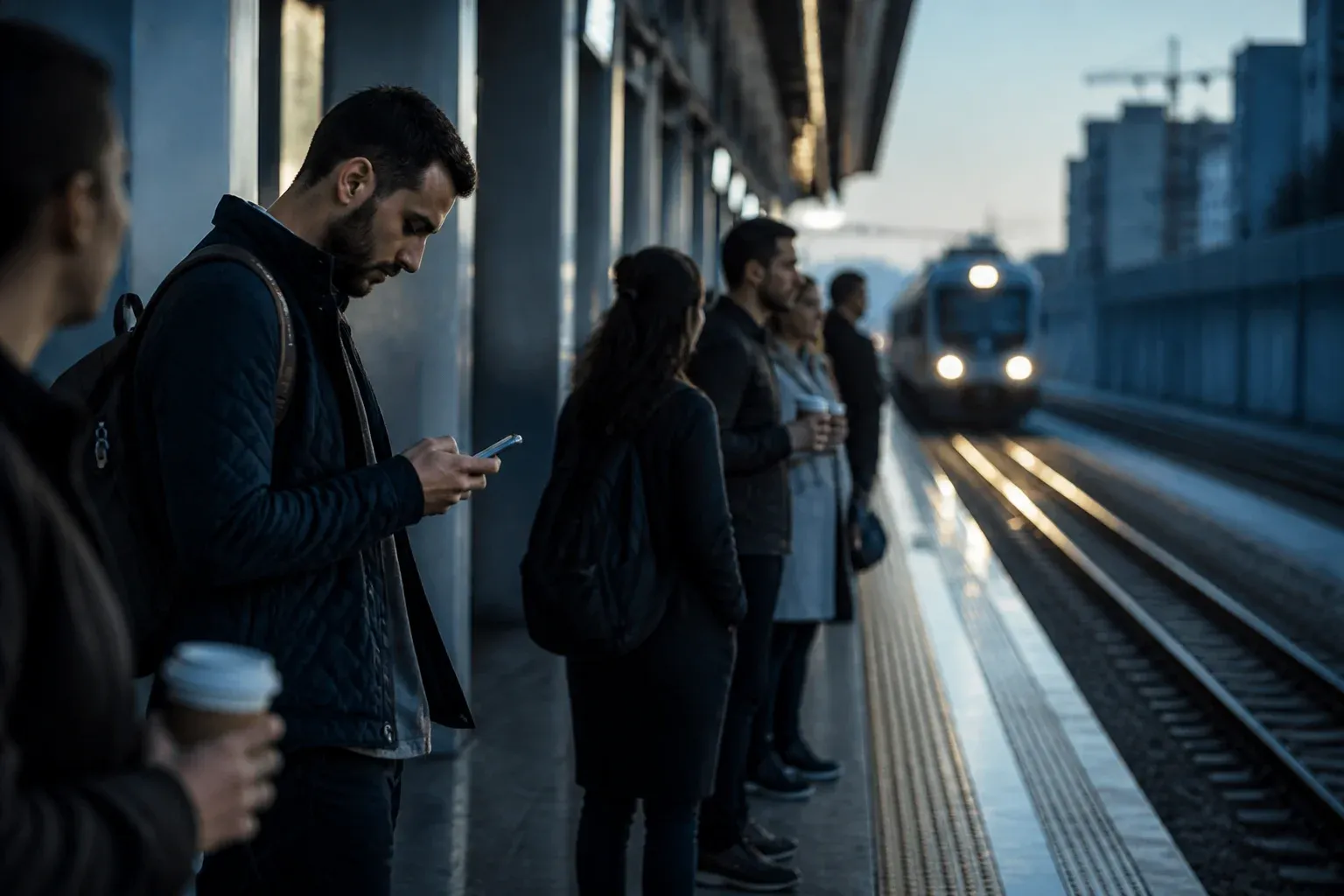 נוסעים על רציף תחנת רכבת בבוקר, אחד מהם מביט בטלפון והרכבת מתקרבת.
