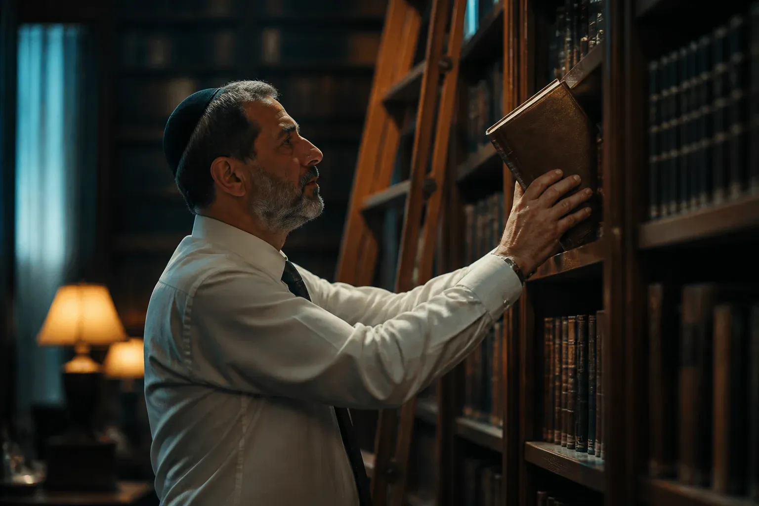 גבר מבוגר שולף ספר כרוך בעור ממדף ספרייה משפטית