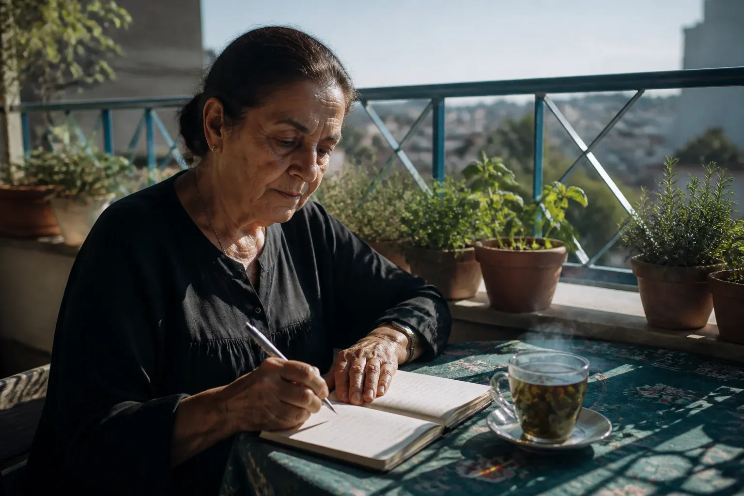 אישה מבוגרת כותבת בעט במחברת על שולחן במרפסת, לצד כוס תה.