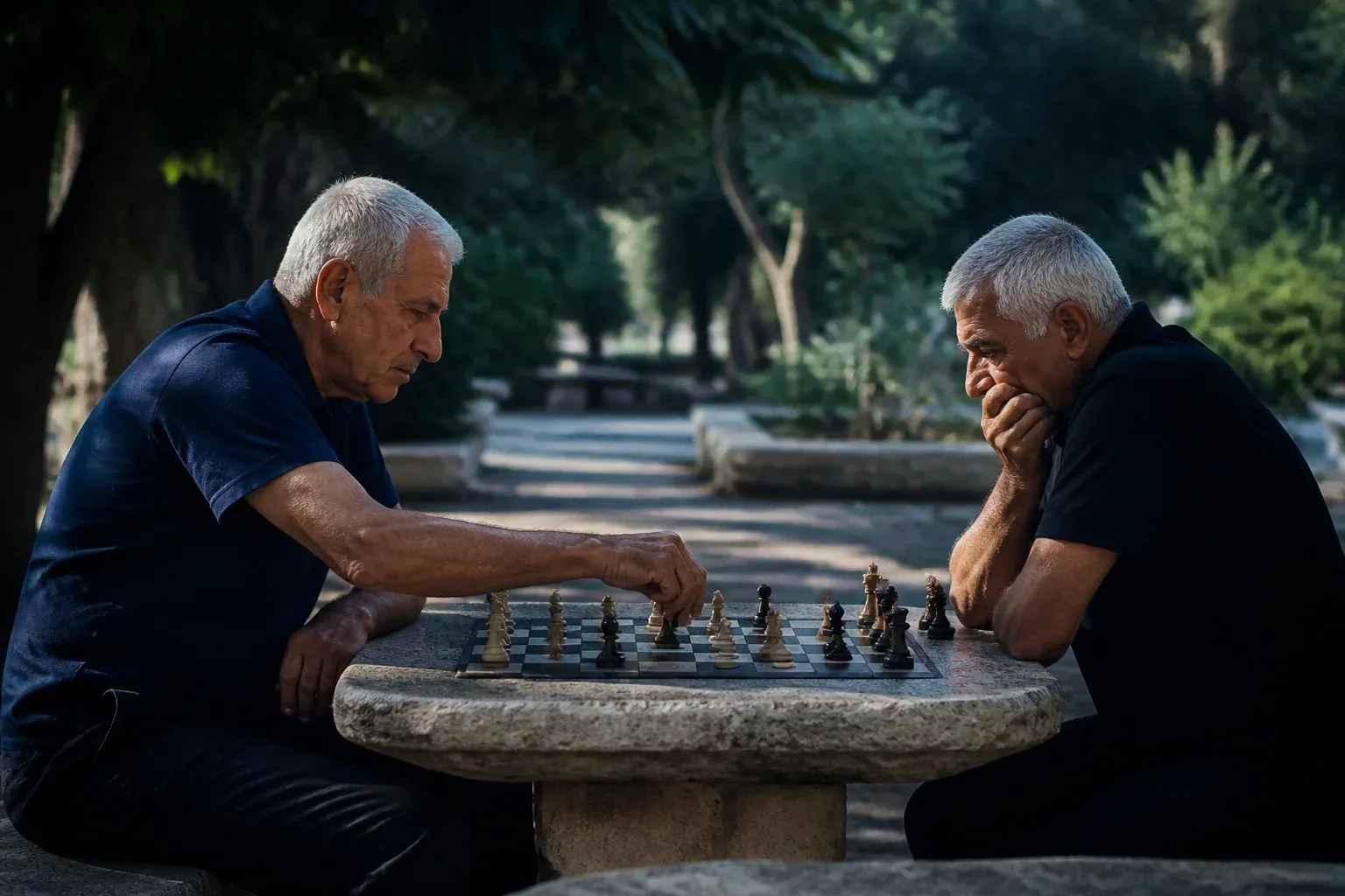 שני גברים מבוגרים משחקים שחמט על שולחן בפארק ועומדים לבצע מהלך.