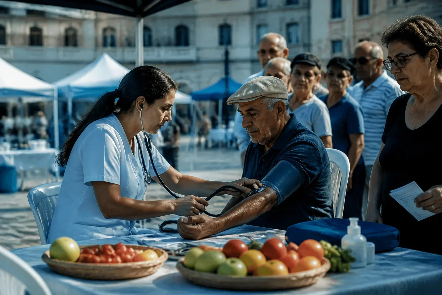 אחות מודדת לחץ דם לגמלאי בדוכן בריאות בכיכר העיר
