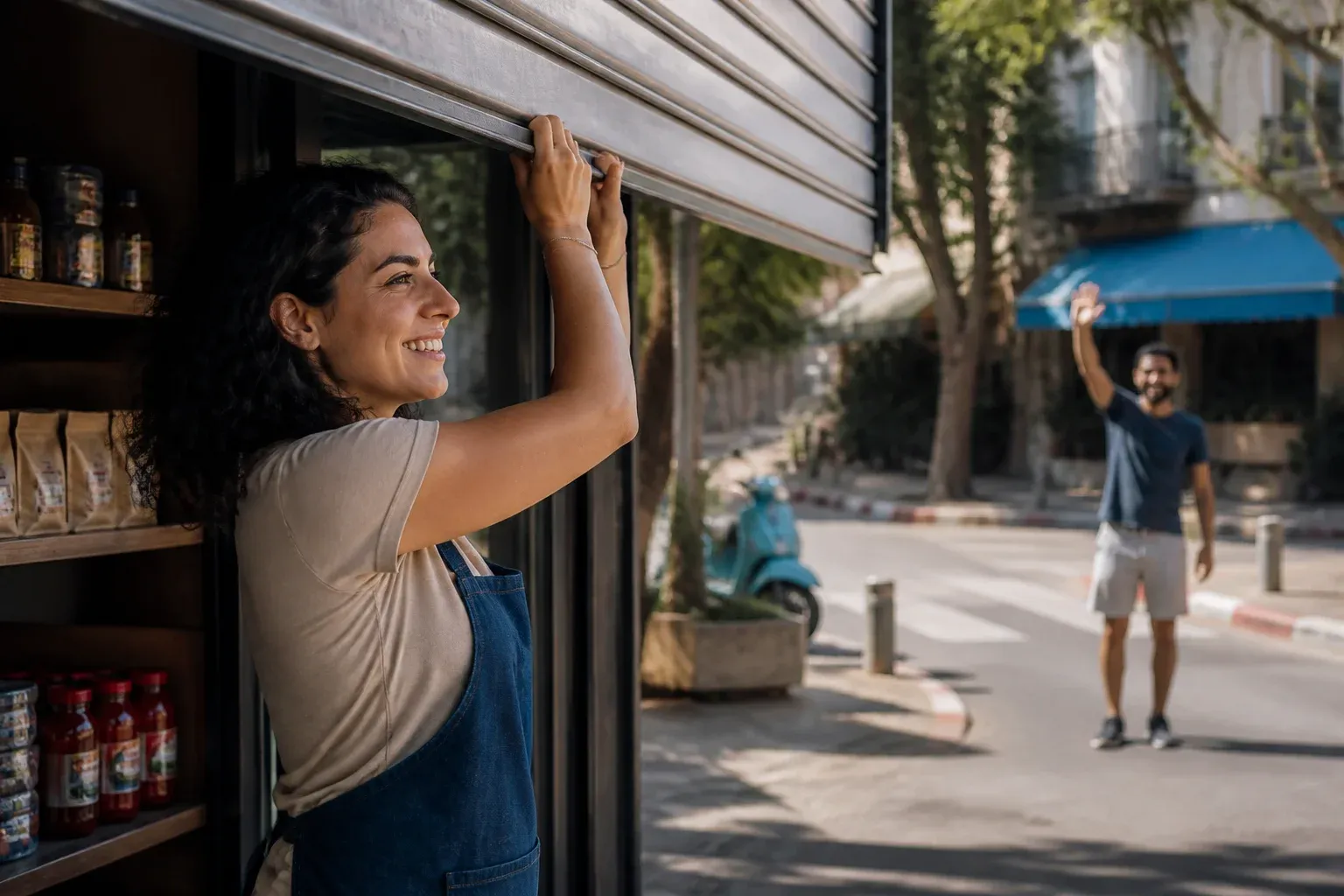 אישה פותחת תריסי חנות חדשה בבוקר שטוף שמש