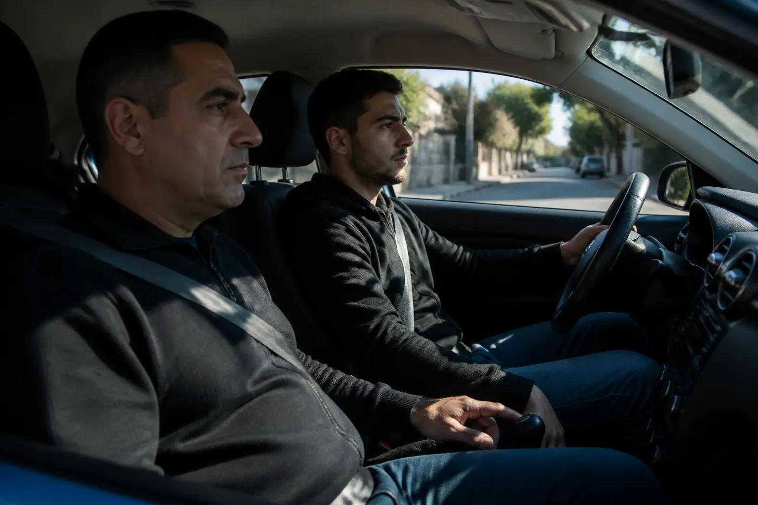 מורה נהיגה במושב הנוסע של רכב קטן ברחוב שקט, והתלמידה ליד ההגה