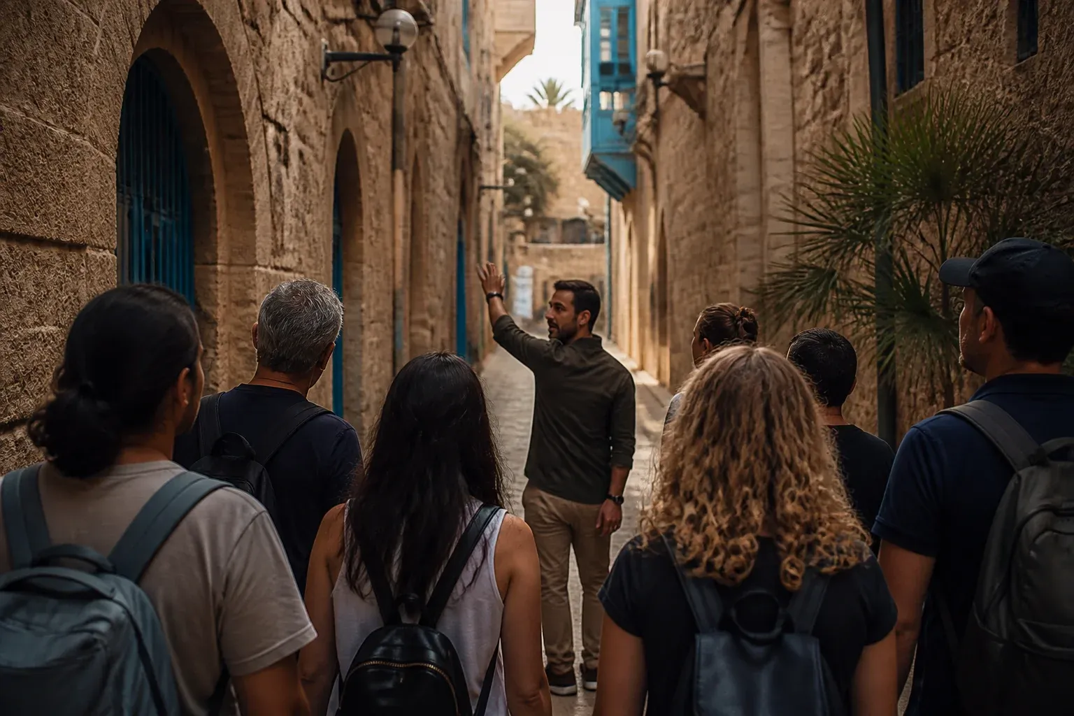 מדריך טיולים מוביל קבוצה קטנה בסמטת אבן עתיקה, מצולם מאחור.